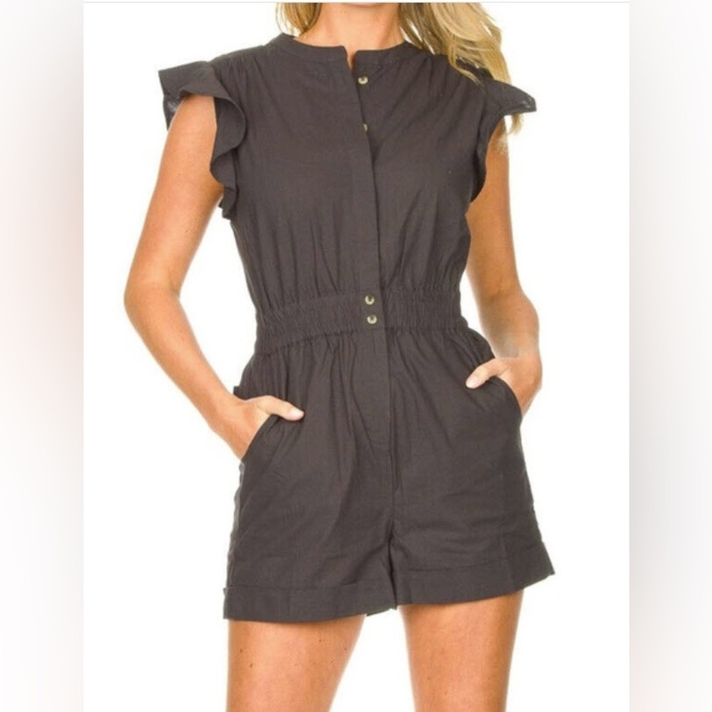 Ba&sh Cecile Crew Neck Flutter Sleeve One Piece Lady Jumpsuit Carbone M